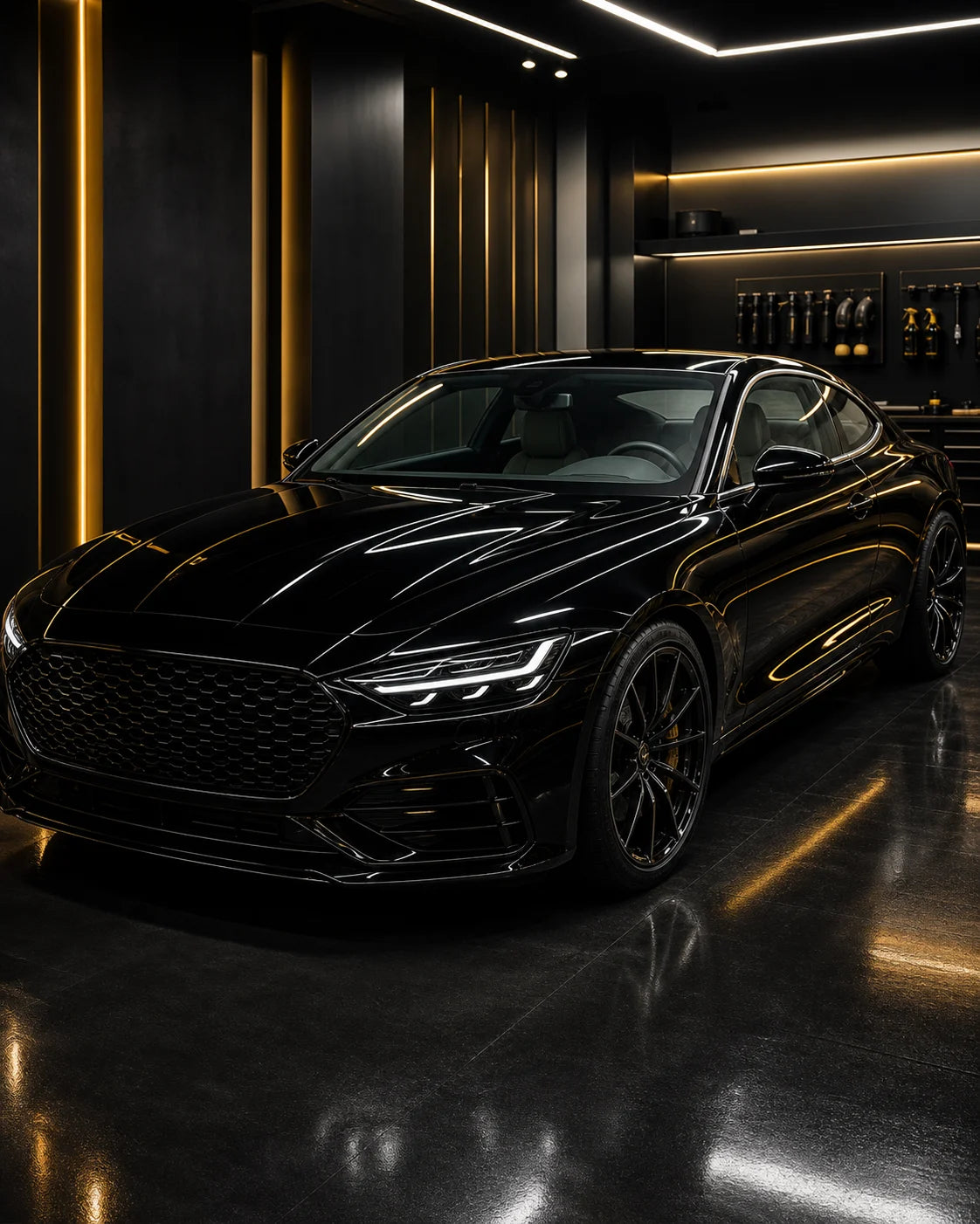 Glossy black luxury coupe in a premium black-and-gold window tint studio