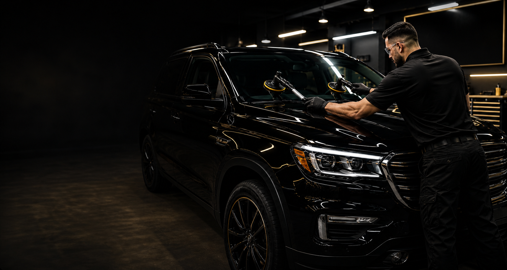 King’s technician installing a windshield on a black SUV
