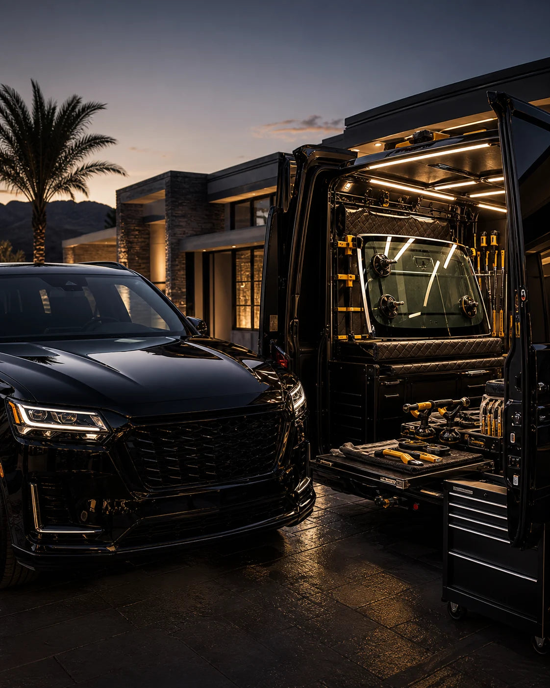 Premium mobile auto glass van equipped with a replacement windshield beside a black SUV